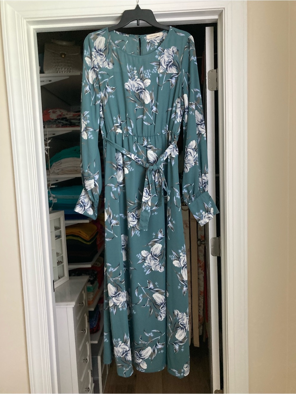 Long Sleeve Teal Floral Maxi Dress with Tie Waist
